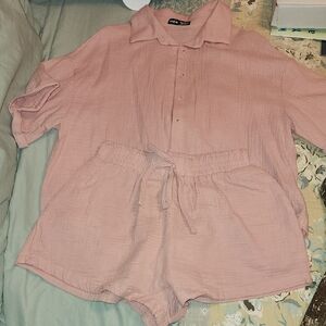 Pink Button-Up Shirt and Shorts Set